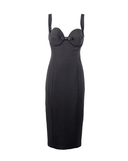 Shop ELISABETTA FRANCHI  Dress: Elisabetta Franchi crêpe midi dress with bows.
Back slit on the bottom.
Bustier top with matching shiny satin flat bow on the décolleté.
Monogram satin lining.
Adjustable straps.
Invisible zip on the back.
Composition: 95% Polyester, 5% Elastane.
Made in Italy.. AB65542E2-110
